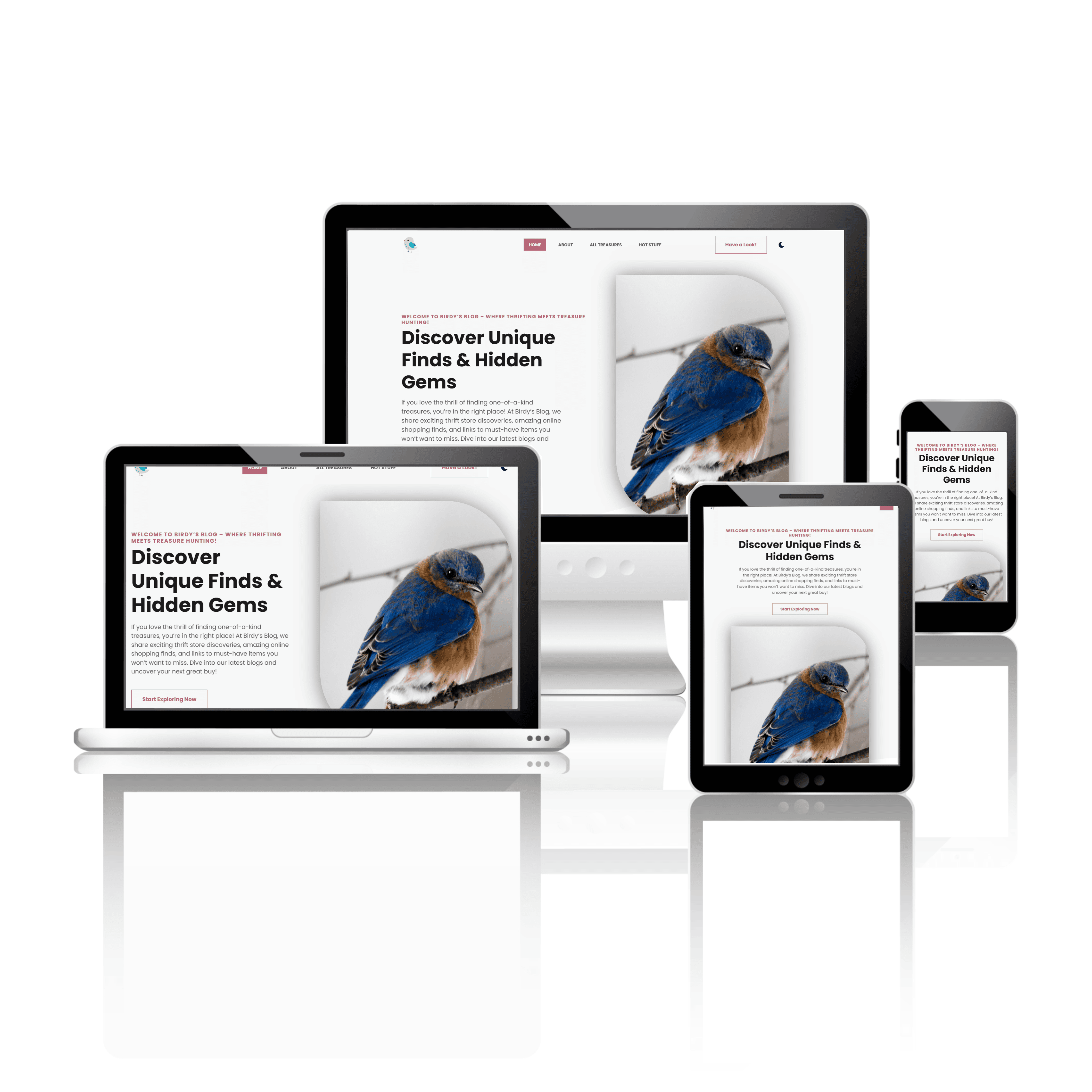 Website mockup for a shop or discovery-based service, displayed on various devices including a desktop computer, tablet, and mobile phone. The design features images of a bird and appears to be related to nature or unique products.