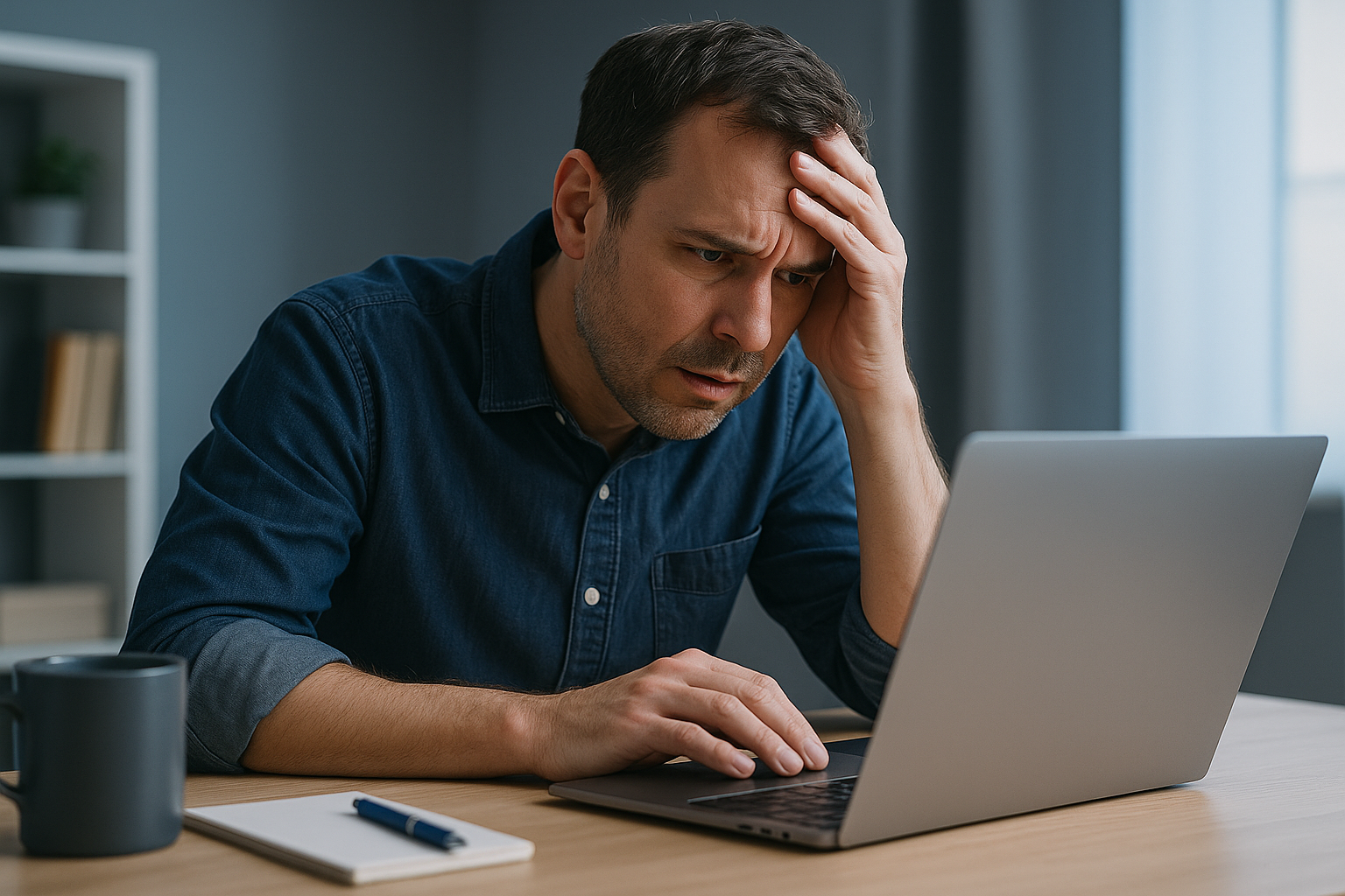 A frustrated small business owner sitting at a desk, holding his head while looking at a laptop screen that isn’t loading properly. The scene has soft blue tones, warm lighting, and a modern home office background with a mug and notebook nearby.