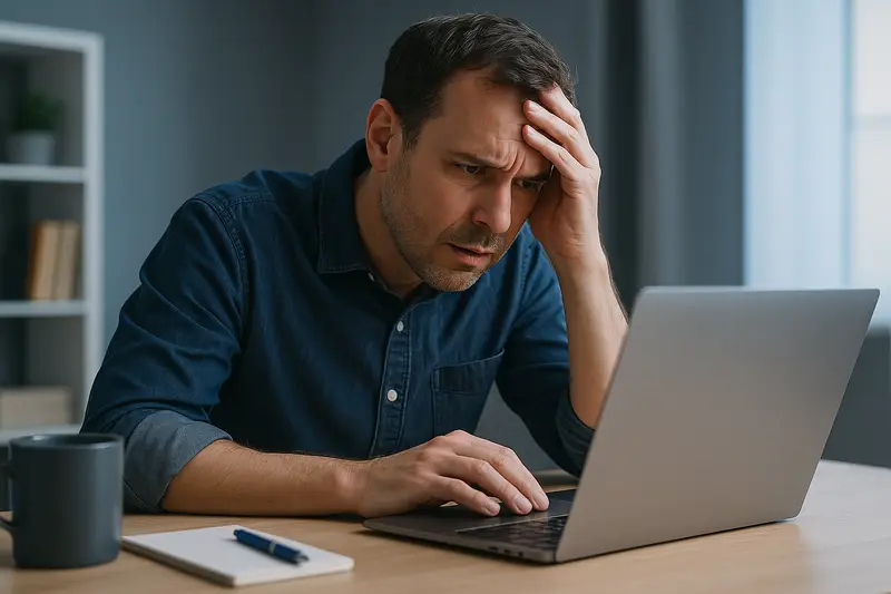 A frustrated small business owner sitting at a desk, holding his head while looking at a laptop screen that isn’t loading properly. The scene has soft blue tones, warm lighting, and a modern home office background with a mug and notebook nearby.