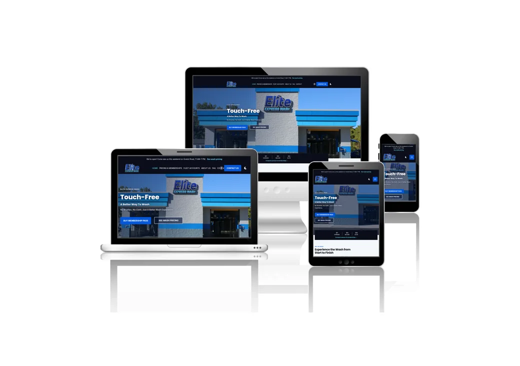 Elite Express Wash homepage on desktop and phone
