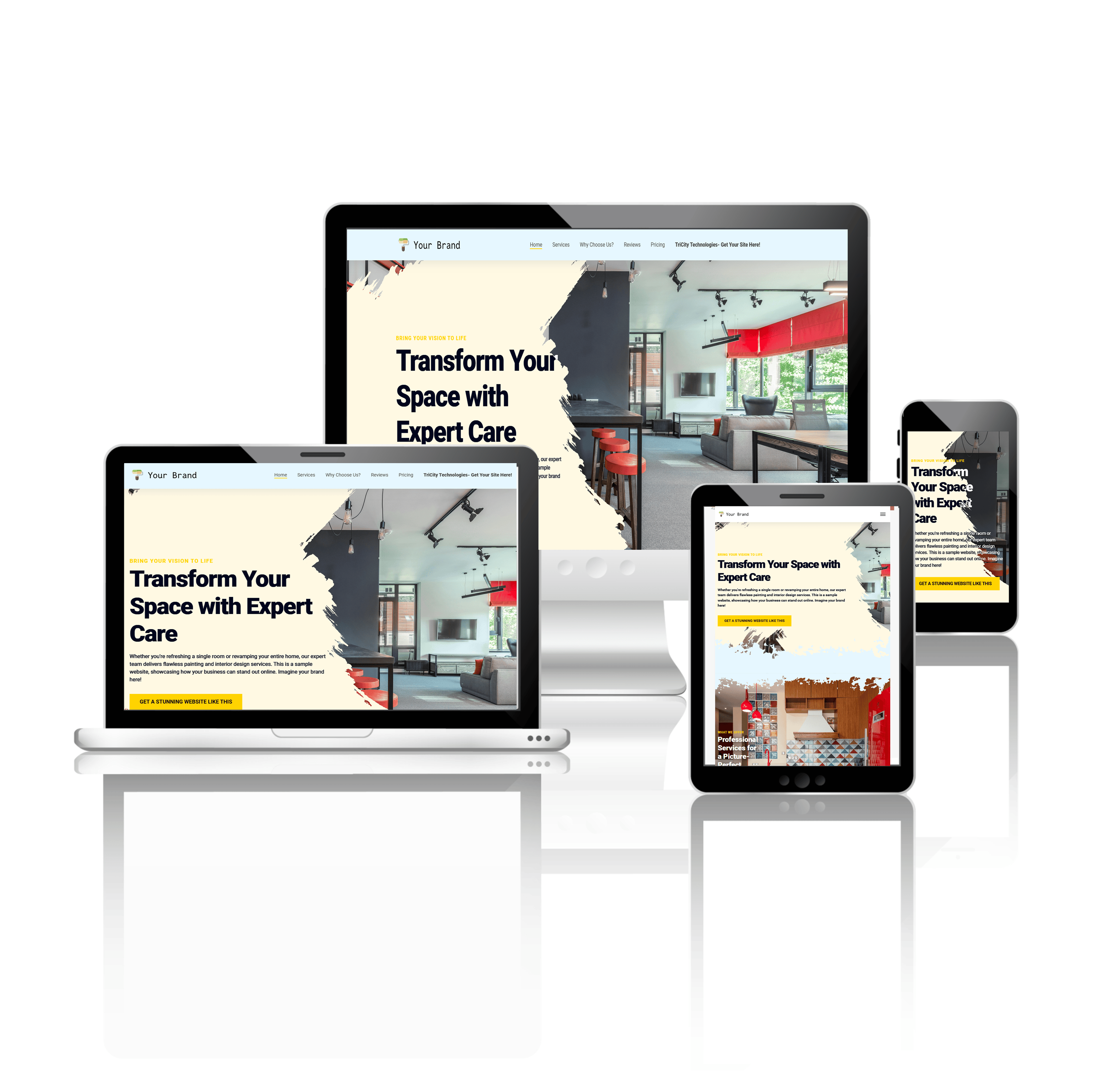Website mockup with a modern interior design theme, displayed on various devices including a laptop, tablet, and mobile phone. The website shows images of contemporary interior spaces.