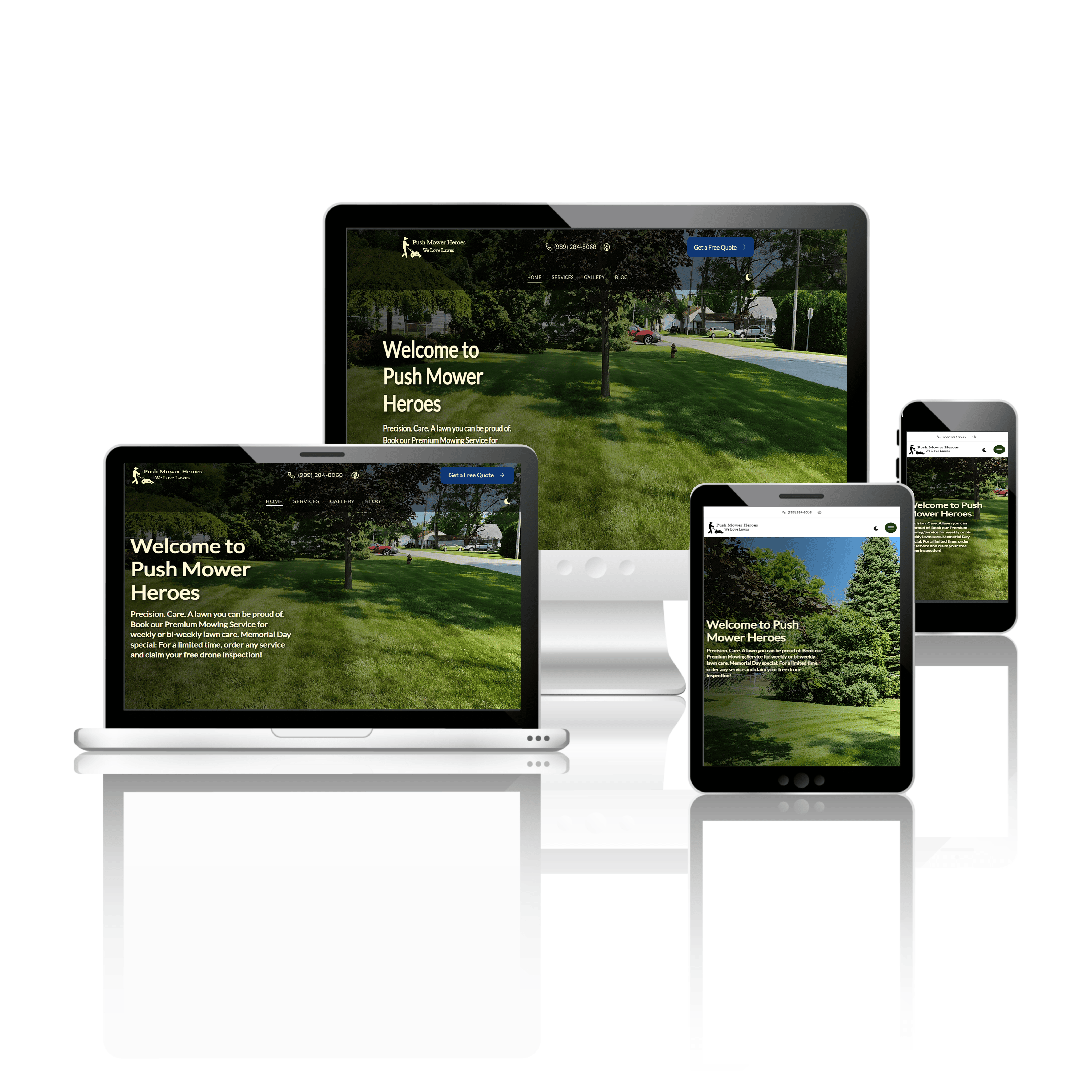 Website mockup for Push Mower Heroes, a lawn care and outdoor services business, displayed on various devices including a laptop, tablet, and mobile phone. The website features a green and natural imagery design.