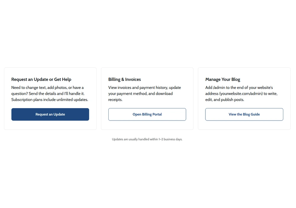 Client resource cards for update requests, billing, and blog help